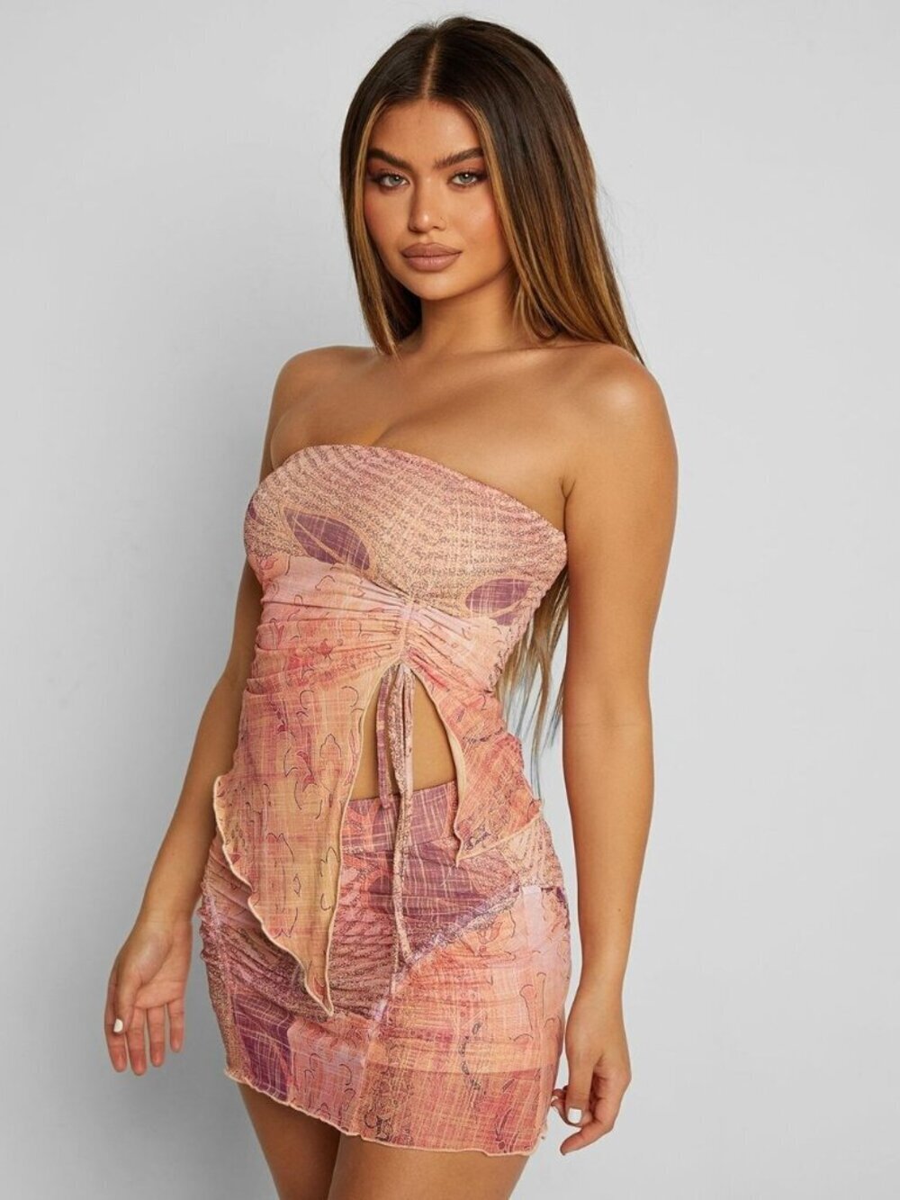 Tiger Mist SARIAH Grunge Floral Tube Top Strapless Asymmetric Pink Large Sexy